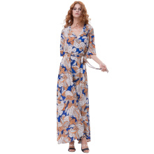 Kate Kasin Damen Sommer 3/4 Ärmel V-Ausschnitt Tie-Taille Sexy Split Maxi Chiffon Kleid KK000702-3